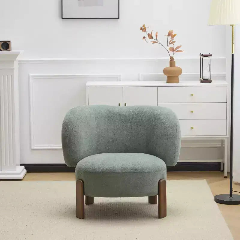 Fauteuil sans accoudoirs rembourré, style Mid-Century Moderne, cadre en bois massif, tissu bouclé/chenille