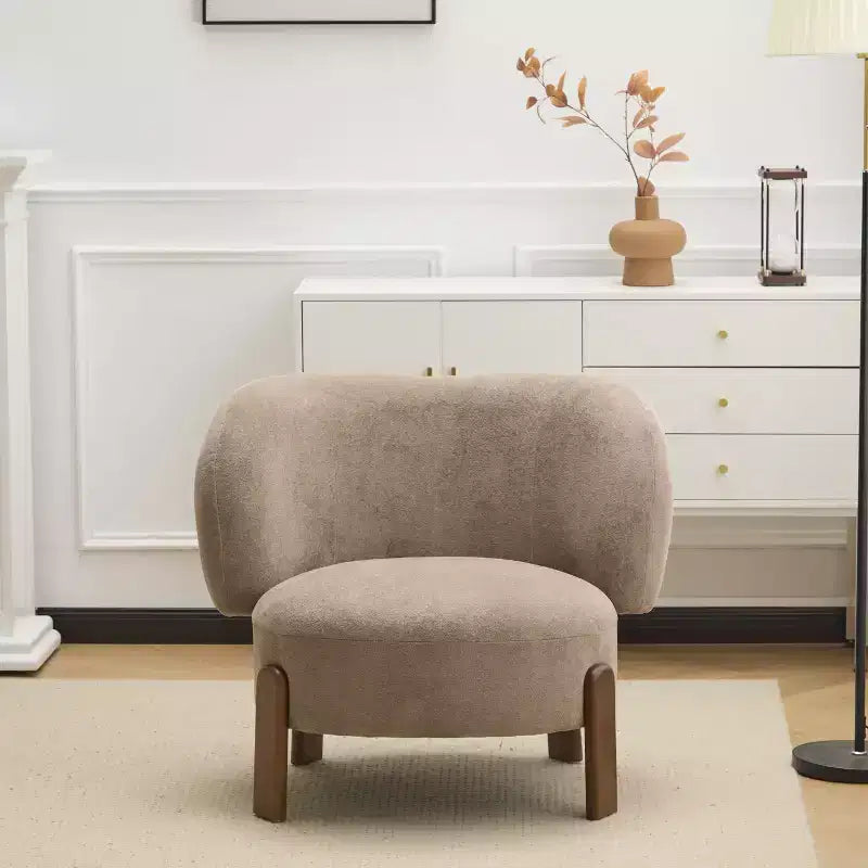 Fauteuil sans accoudoirs rembourré, style Mid-Century Moderne, cadre en bois massif, tissu bouclé/chenille