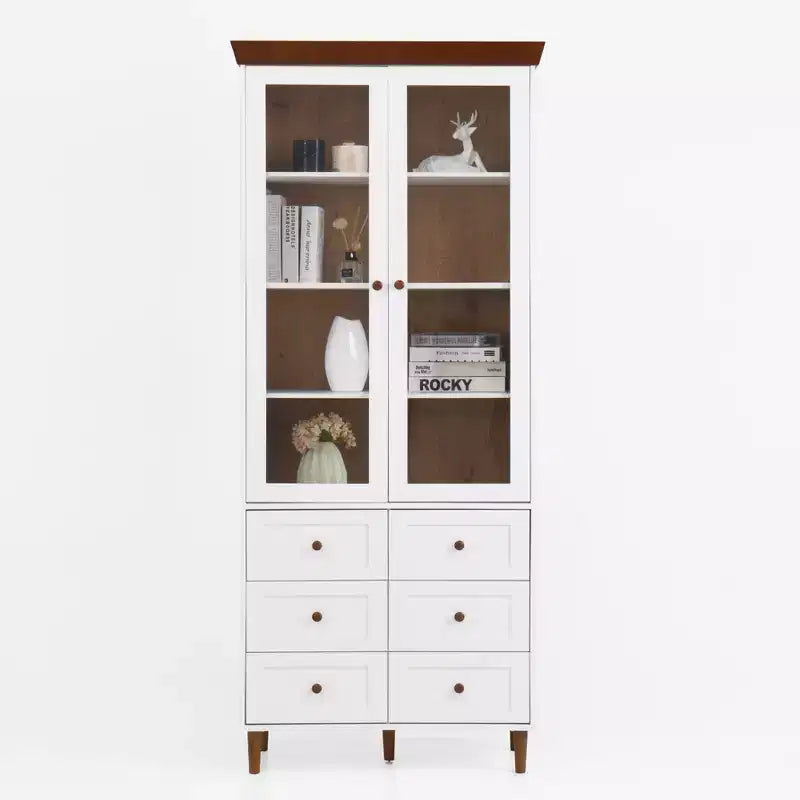 Meuble de rangement, Vitrine en MDF blanc avec portes vitrées, Étagères réglables, Armoire sur pied pour cuisine ou salon