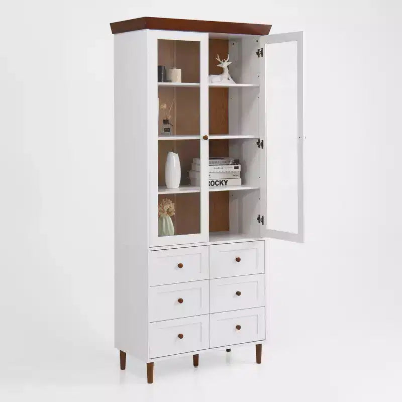 Meuble de rangement, Vitrine en MDF blanc avec portes vitrées, Étagères réglables, Armoire sur pied pour cuisine ou salon