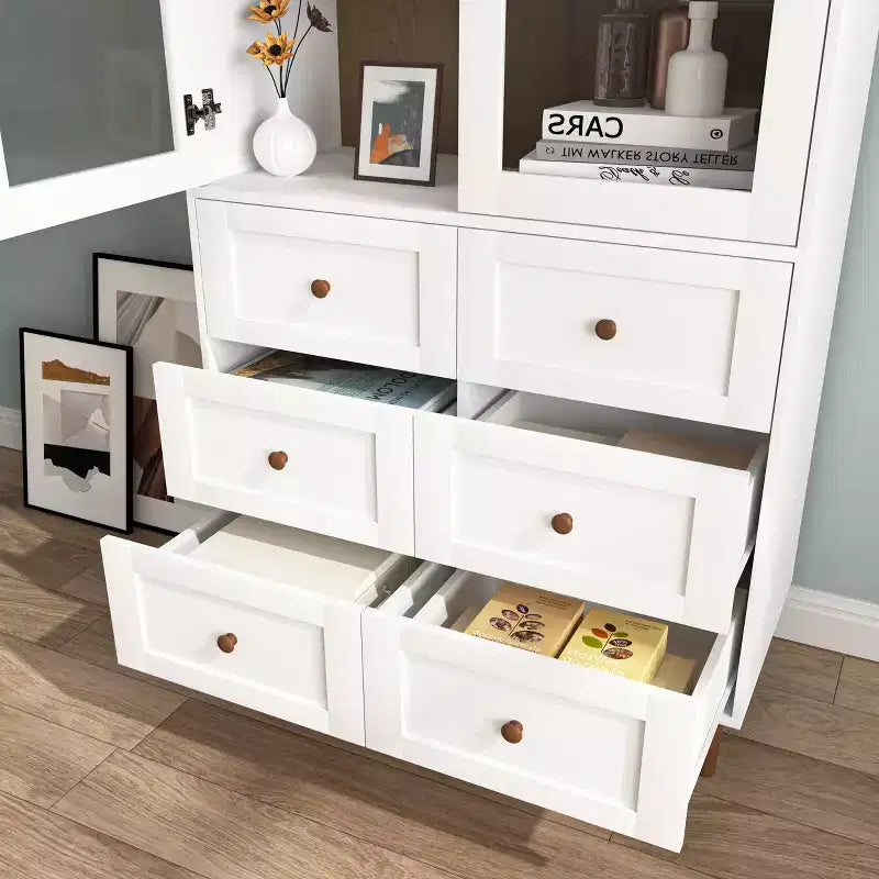 Meuble de rangement, Vitrine en MDF blanc avec portes vitrées, Étagères réglables, Armoire sur pied pour cuisine ou salon