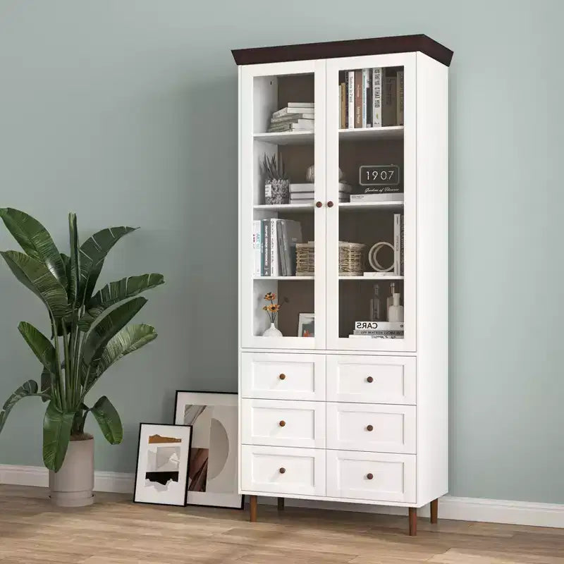 Meuble de rangement, Vitrine en MDF blanc avec portes vitrées, Étagères réglables, Armoire sur pied pour cuisine ou salon