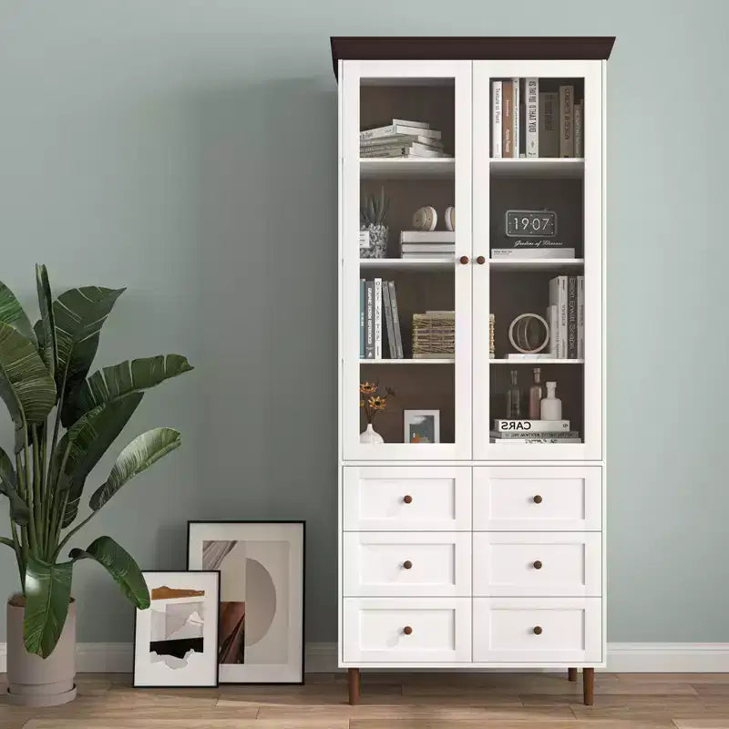 Meuble de rangement, Vitrine en MDF blanc avec portes vitrées, Étagères réglables, Armoire sur pied pour cuisine ou salon