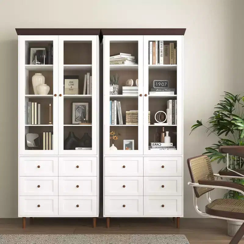 Meuble de rangement, Vitrine en MDF blanc avec portes vitrées, Étagères réglables, Armoire sur pied pour cuisine ou salon