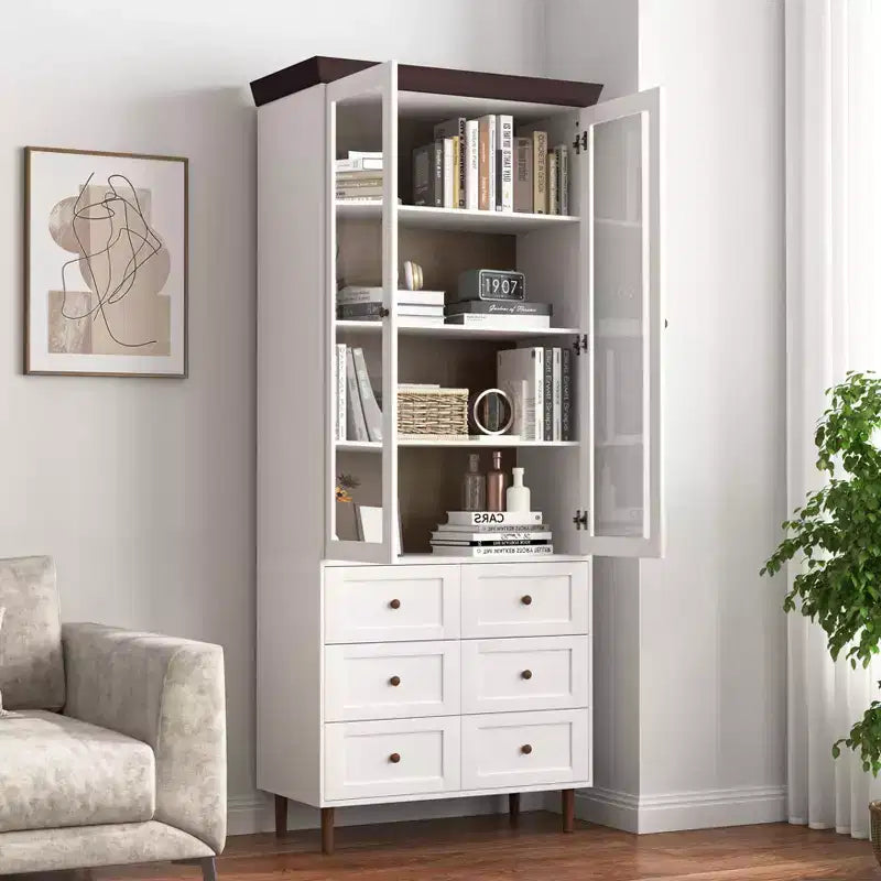 Meuble de rangement, Vitrine en MDF blanc avec portes vitrées, Étagères réglables, Armoire sur pied pour cuisine ou salon