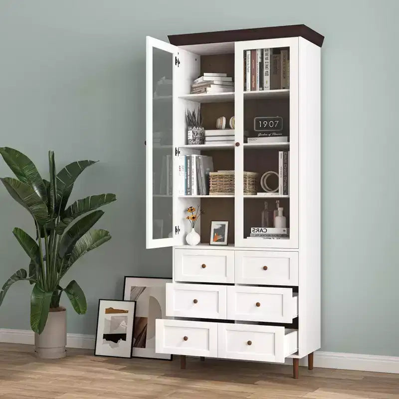 Meuble de rangement, Vitrine en MDF blanc avec portes vitrées, Étagères réglables, Armoire sur pied pour cuisine ou salon