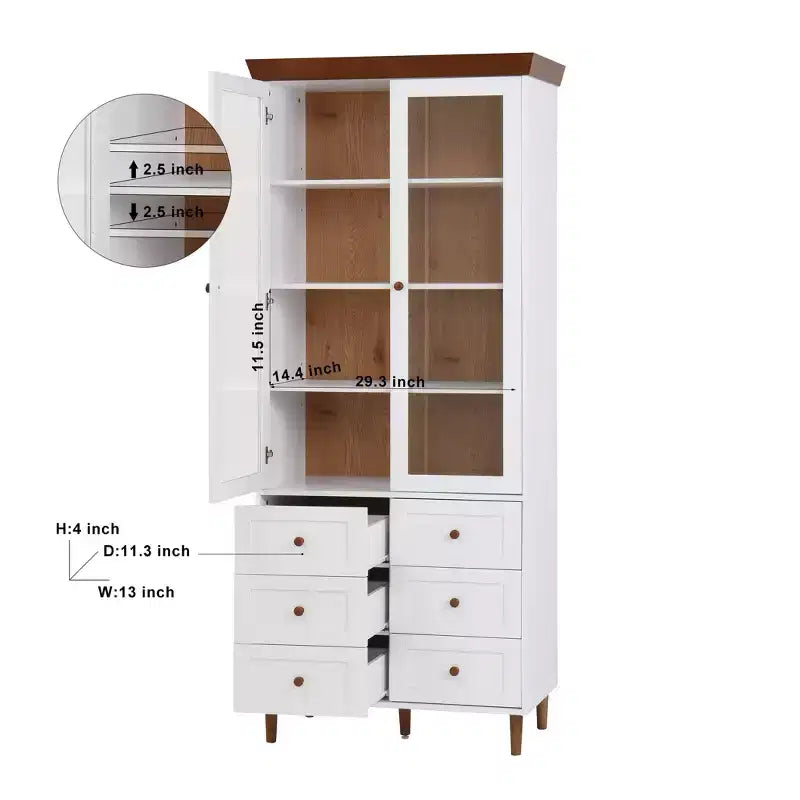 Meuble de rangement, Vitrine en MDF blanc avec portes vitrées, Étagères réglables, Armoire sur pied pour cuisine ou salon