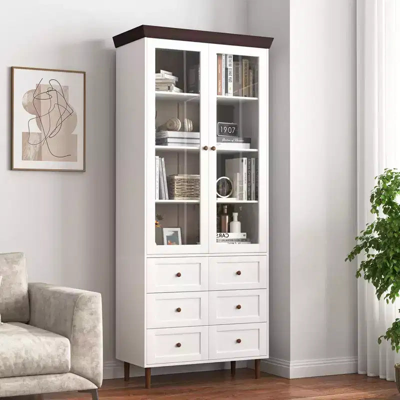 Meuble de rangement, Vitrine en MDF blanc avec portes vitrées, Étagères réglables, Armoire sur pied pour cuisine ou salon