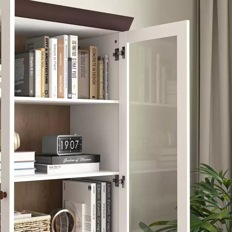 Meuble de rangement, Vitrine en MDF blanc avec portes vitrées, Étagères réglables, Armoire sur pied pour cuisine ou salon