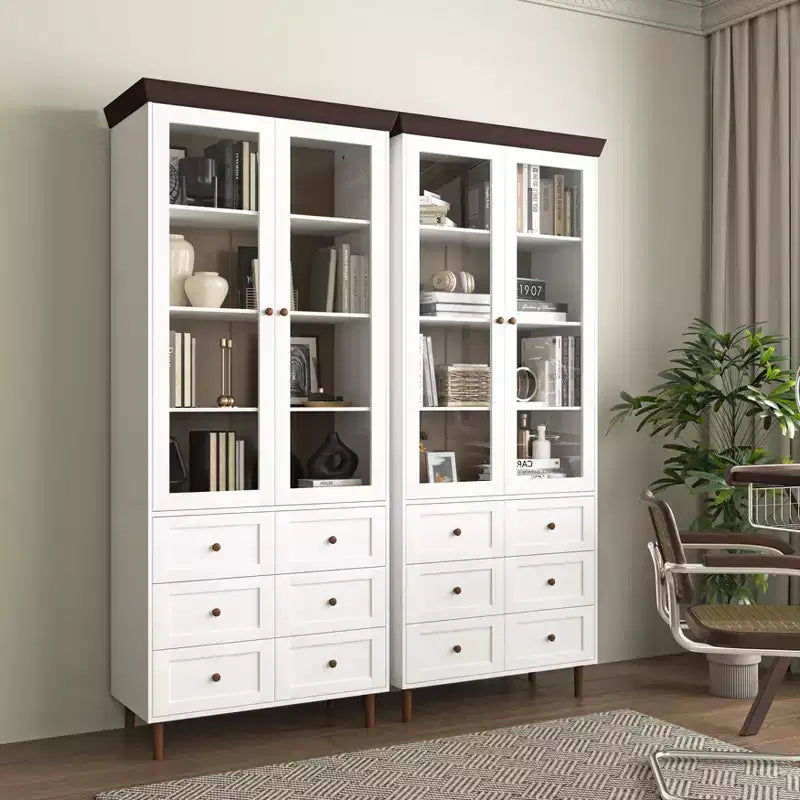 Meuble de rangement, Vitrine en MDF blanc avec portes vitrées, Étagères réglables, Armoire sur pied pour cuisine ou salon
