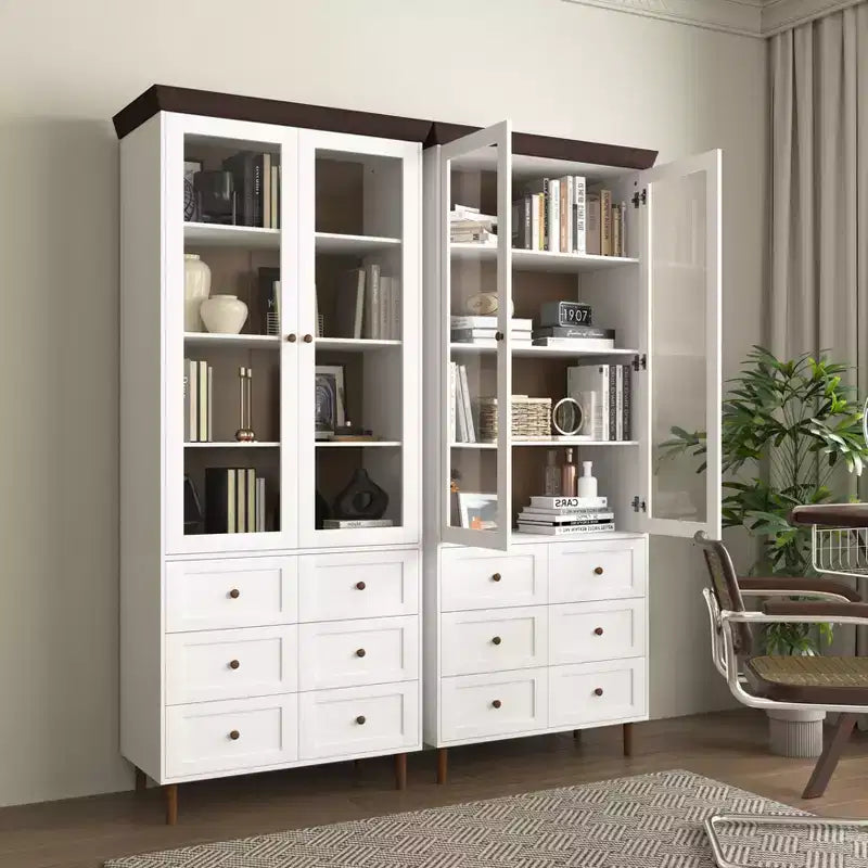 Meuble de rangement, Vitrine en MDF blanc avec portes vitrées, Étagères réglables, Armoire sur pied pour cuisine ou salon