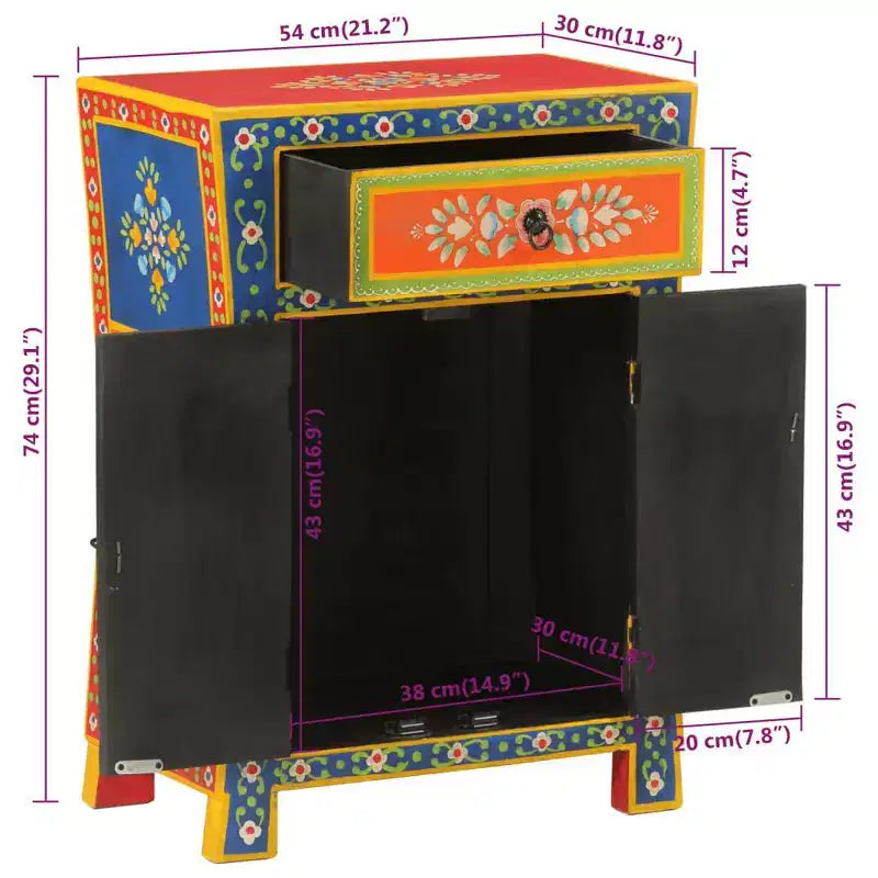 Petit buffet, bois de manguier massif peint à la main de couleur mélangée, 2 portes et 1 tiroir, style rétro