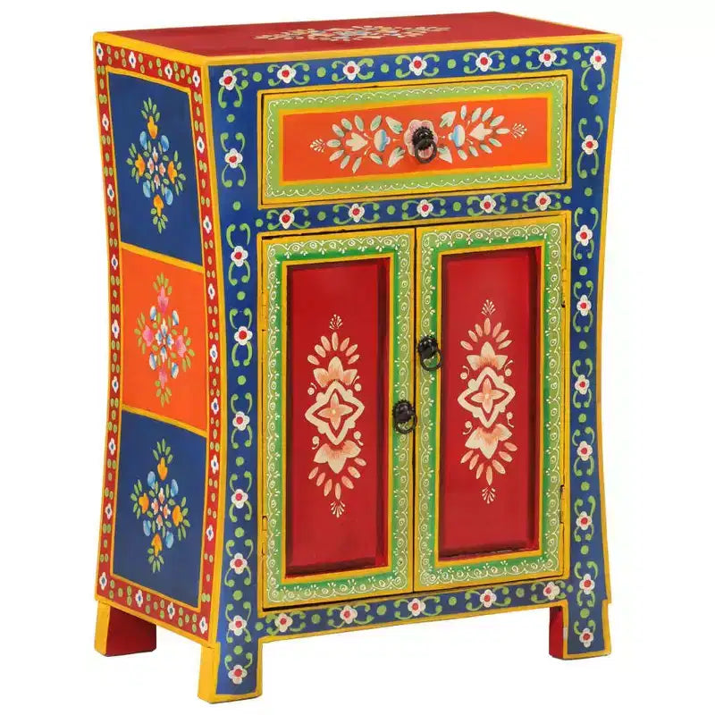 Petit buffet, bois de manguier massif peint à la main de couleur mélangée, 2 portes et 1 tiroir, style rétro