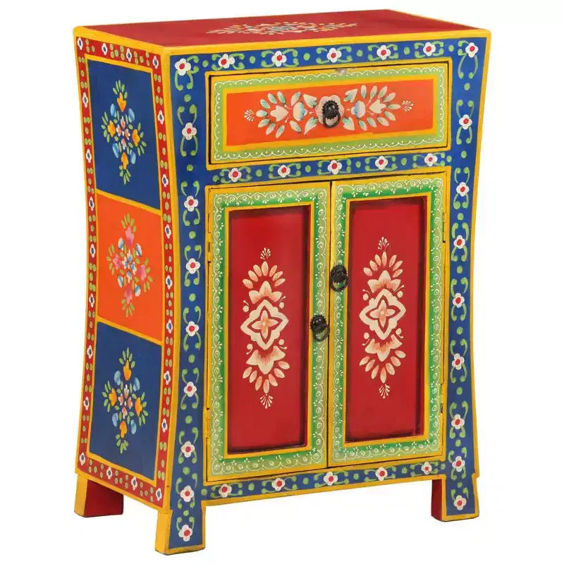 Petit buffet, bois de manguier massif peint à la main de couleur mélangée, 2 portes et 1 tiroir, style rétro