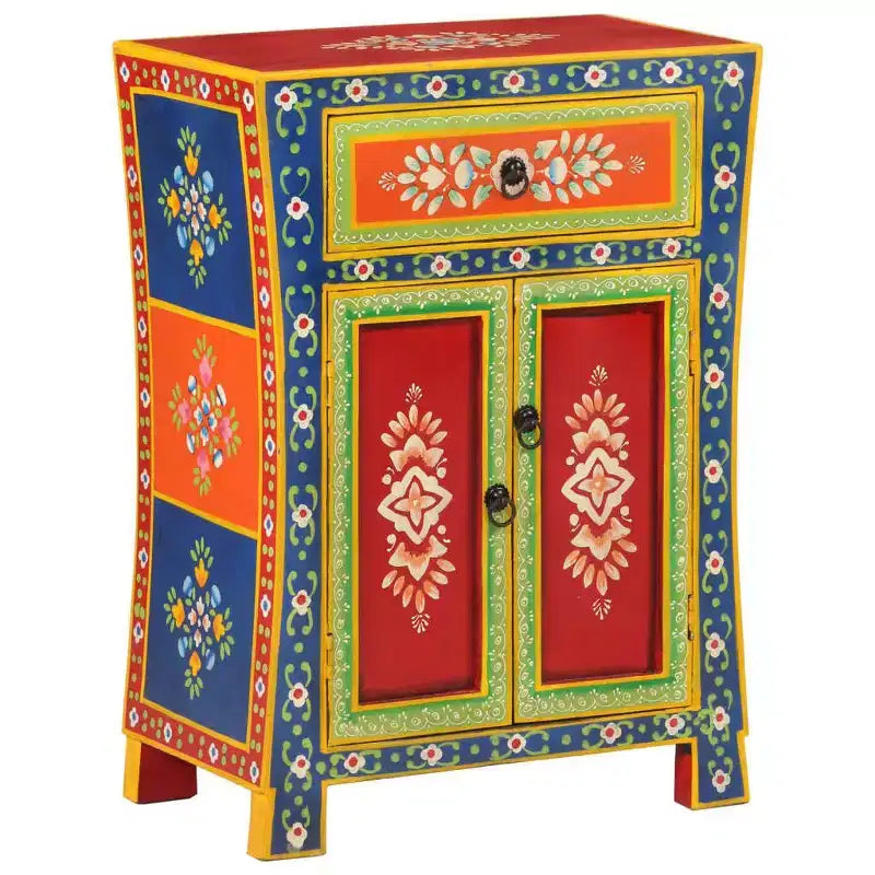Petit buffet, bois de manguier massif peint à la main de couleur mélangée, 2 portes et 1 tiroir, style rétro