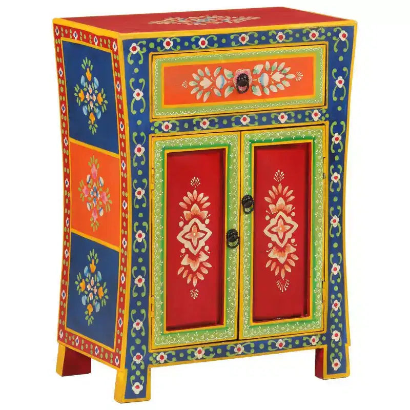 Petit buffet, bois de manguier massif peint à la main de couleur mélangée, 2 portes et 1 tiroir, style rétro