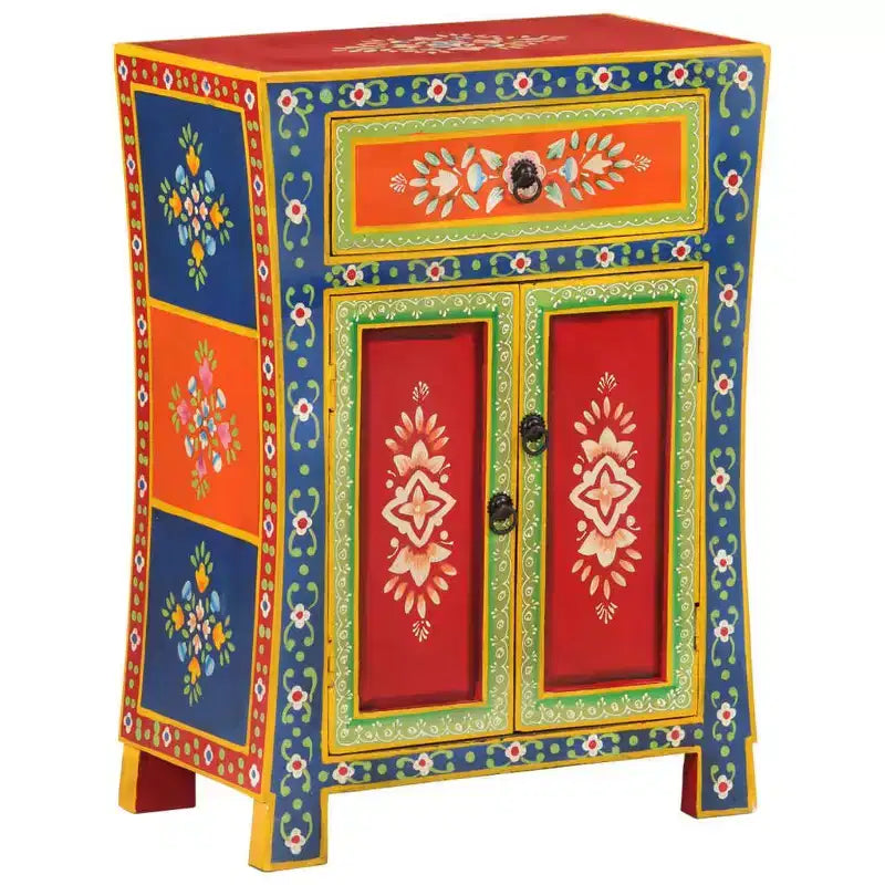 Petit buffet, bois de manguier massif peint à la main de couleur mélangée, 2 portes et 1 tiroir, style rétro