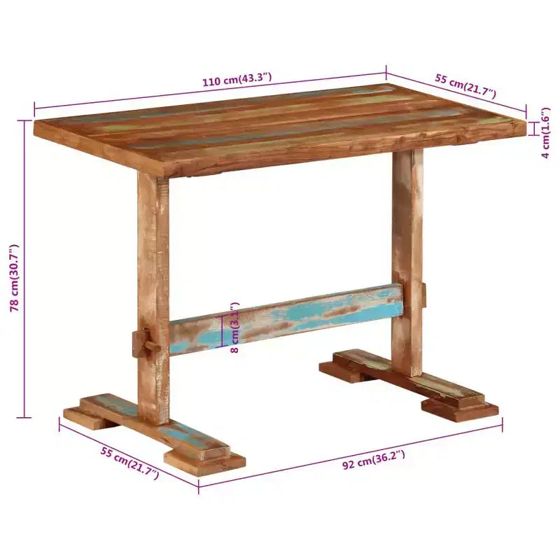 Table à manger, bois de récupération massif multicolore, piétement tréteau, 4 places, 110 cm (L) x 55 cm (l) x 78 cm (H)
