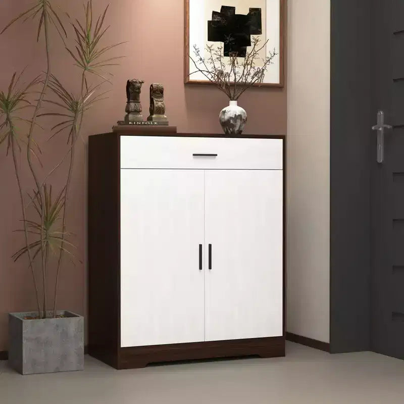 Meuble à chaussures, étagère à 4 niveaux avec 1 tiroir, rangement en bois autoportant avec 2 portes et étagères réglables pour entrée/couloir