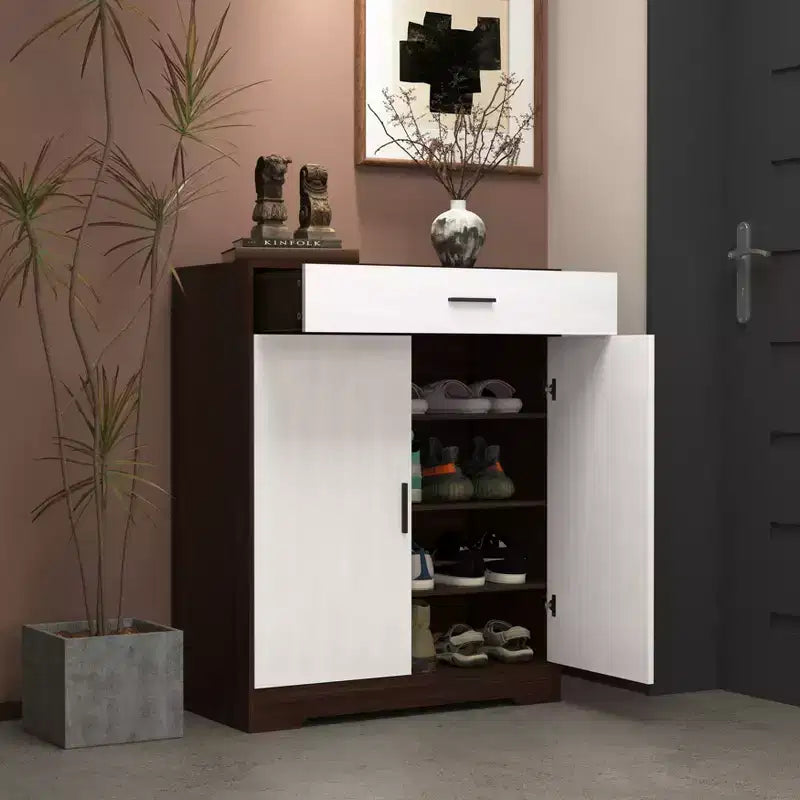 Meuble à chaussures, étagère à 4 niveaux avec 1 tiroir, rangement en bois autoportant avec 2 portes et étagères réglables pour entrée/couloir