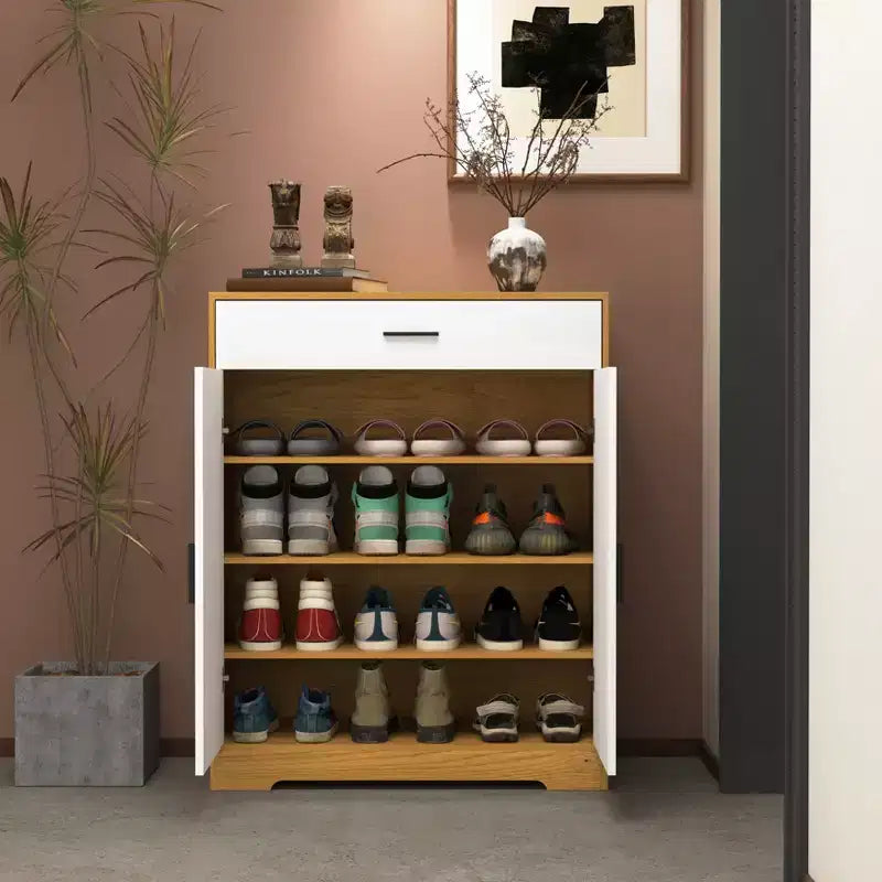 Meuble à chaussures, étagère à 4 niveaux avec 1 tiroir, rangement en bois autoportant avec 2 portes et étagères réglables pour entrée/couloir