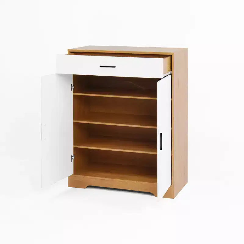 Meuble à chaussures, étagère à 4 niveaux avec 1 tiroir, rangement en bois autoportant avec 2 portes et étagères réglables pour entrée/couloir