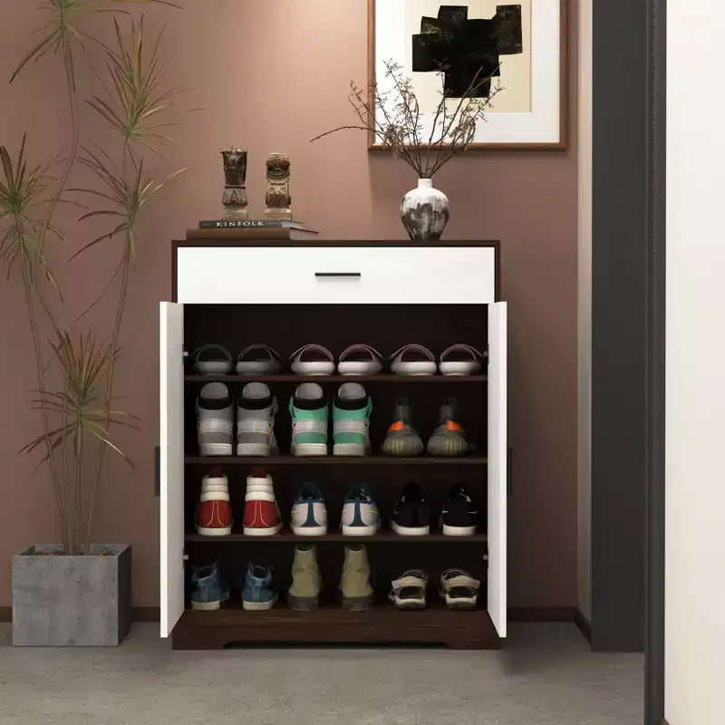 Meuble à chaussures, étagère à 4 niveaux avec 1 tiroir, rangement en bois autoportant avec 2 portes et étagères réglables pour entrée/couloir
