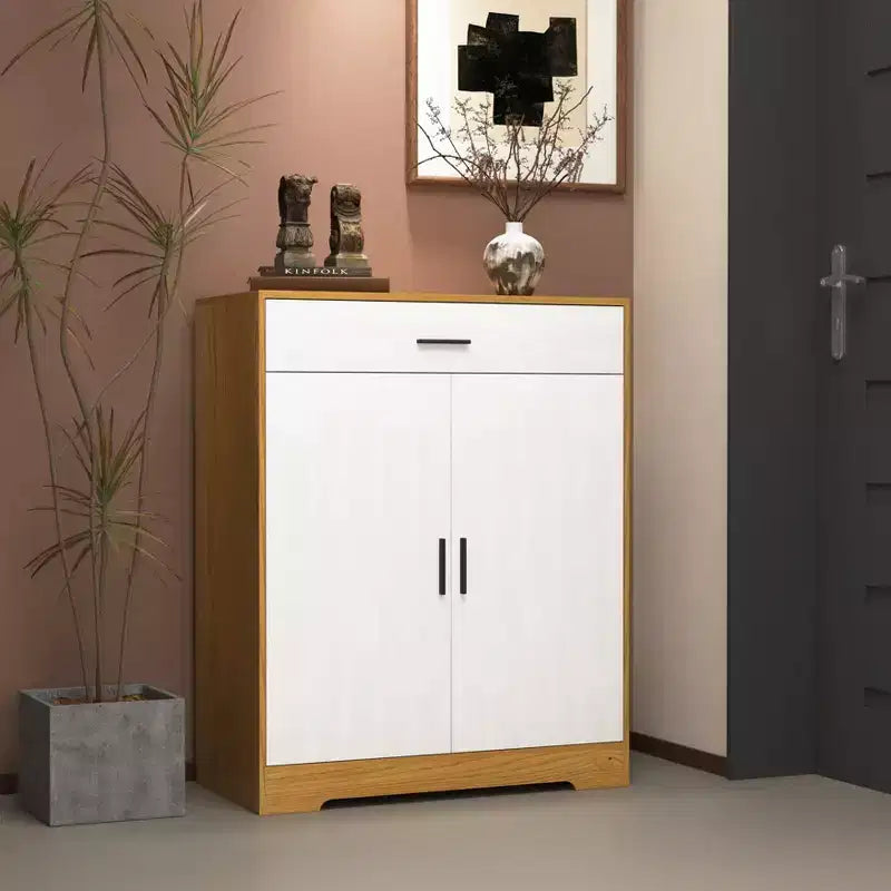 Meuble à chaussures, étagère à 4 niveaux avec 1 tiroir, rangement en bois autoportant avec 2 portes et étagères réglables pour entrée/couloir
