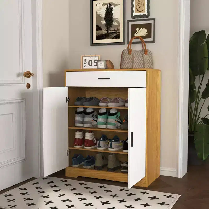Meuble à chaussures, étagère à 4 niveaux avec 1 tiroir, rangement en bois autoportant avec 2 portes et étagères réglables pour entrée/couloir