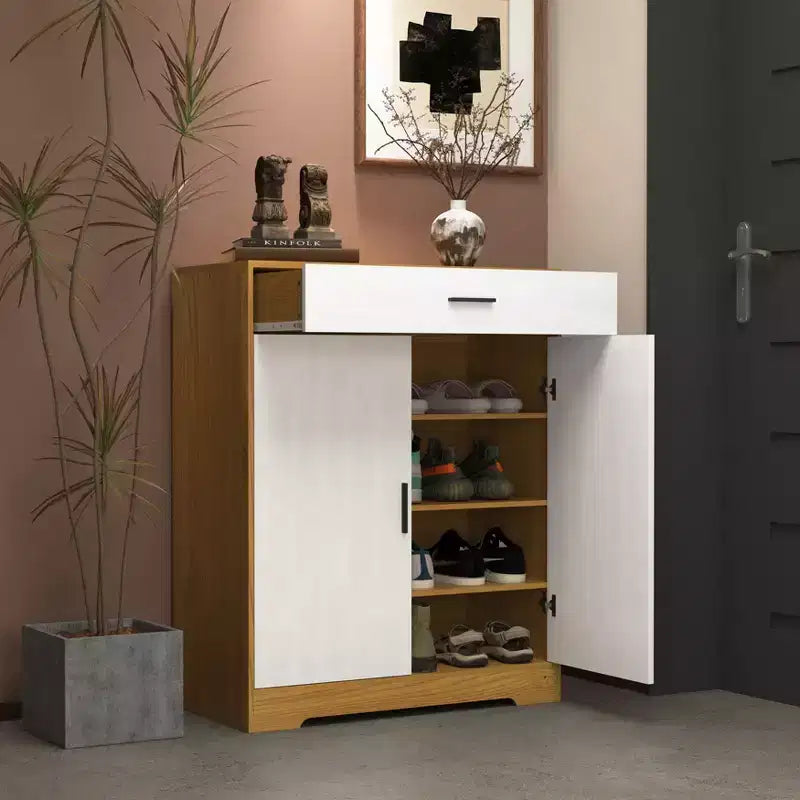 Meuble à chaussures, étagère à 4 niveaux avec 1 tiroir, rangement en bois autoportant avec 2 portes et étagères réglables pour entrée/couloir