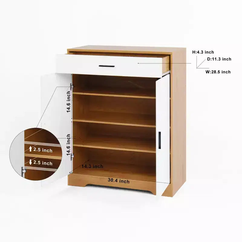 Meuble à chaussures, étagère à 4 niveaux avec 1 tiroir, rangement en bois autoportant avec 2 portes et étagères réglables pour entrée/couloir