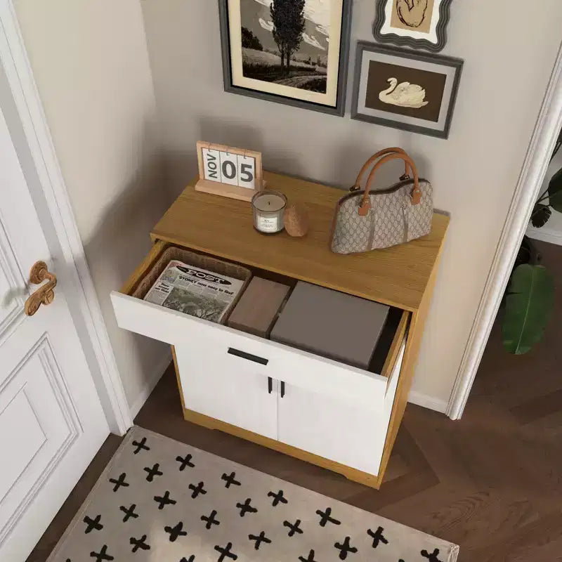 Meuble à chaussures, étagère à 4 niveaux avec 1 tiroir, rangement en bois autoportant avec 2 portes et étagères réglables pour entrée/couloir