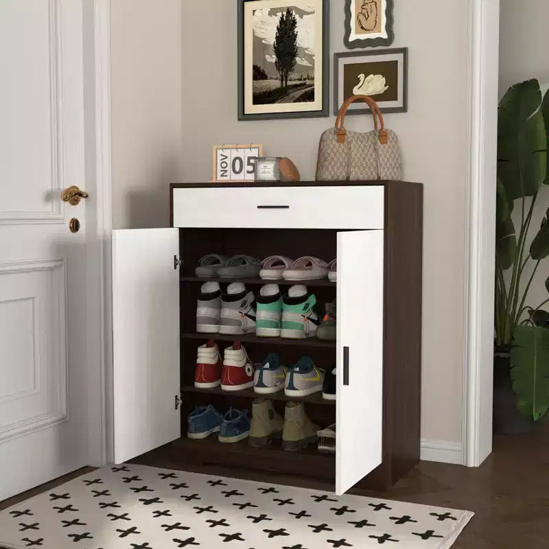Meuble à chaussures, étagère à 4 niveaux avec 1 tiroir, rangement en bois autoportant avec 2 portes et étagères réglables pour entrée/couloir