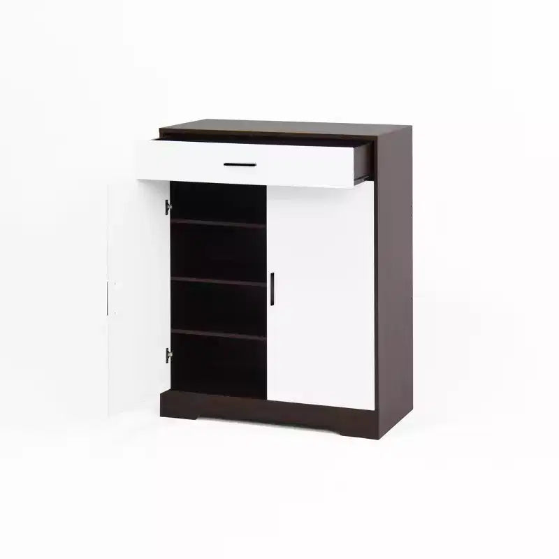 Meuble à chaussures, étagère à 4 niveaux avec 1 tiroir, rangement en bois autoportant avec 2 portes et étagères réglables pour entrée/couloir