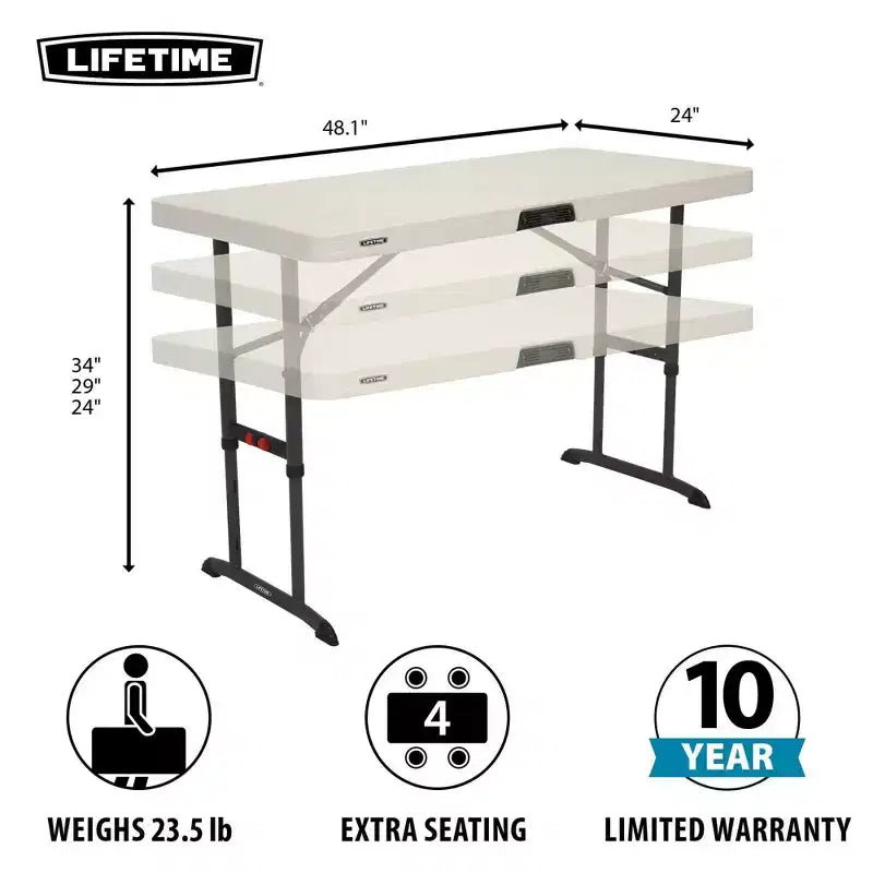 Table pliante commerciale de 1,22 m de haut, plateau en PEHD, 3 réglages de hauteur, blanche