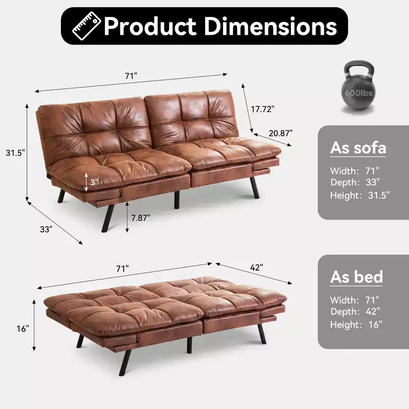Canapé Futon Convertible 71", Canapé Moderne en Lin avec Coussin Détachable, Dossier et Accoudoirs Réglables, Supporte 272 kg