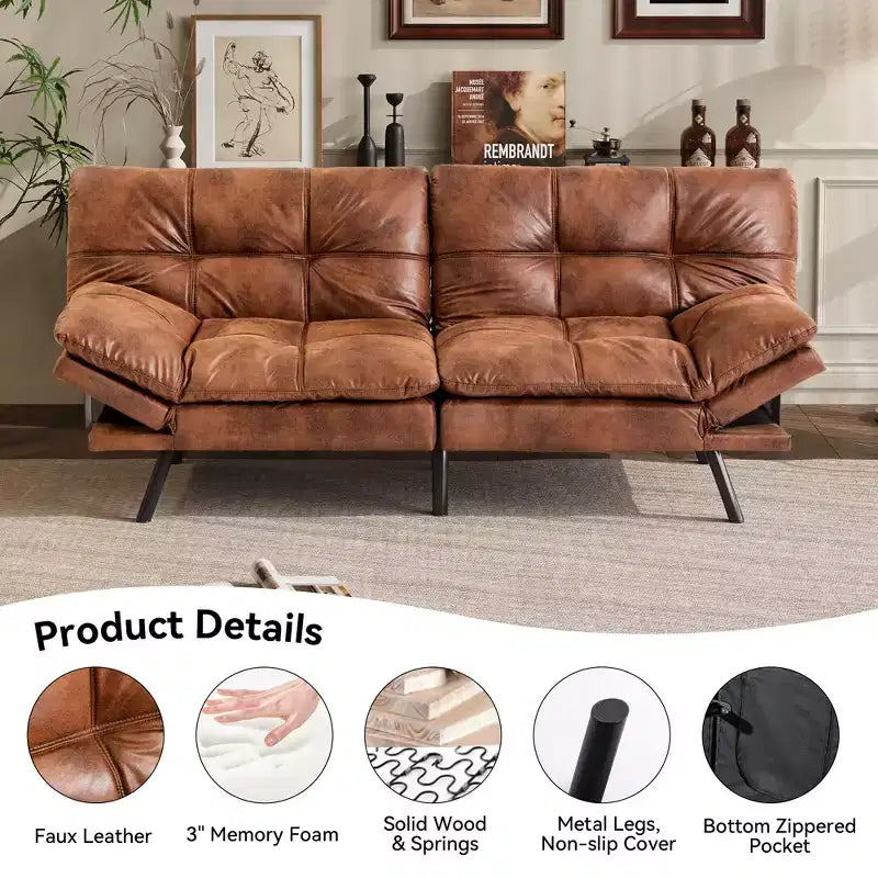 Canapé Futon Convertible 71", Canapé Moderne en Lin avec Coussin Détachable, Dossier et Accoudoirs Réglables, Supporte 272 kg