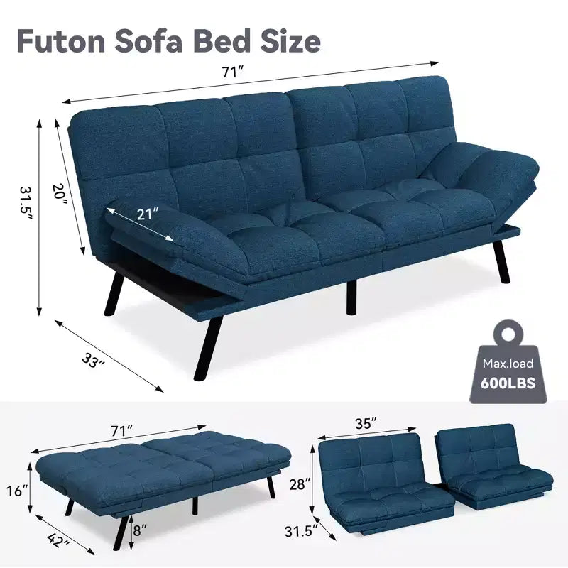 Canapé Futon Convertible 71", Canapé Moderne en Lin avec Coussin Détachable, Dossier et Accoudoirs Réglables, Supporte 272 kg