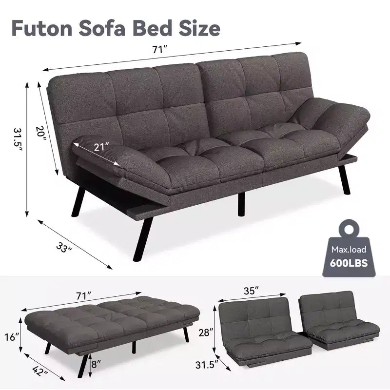 Canapé Futon Convertible 71", Canapé Moderne en Lin avec Coussin Détachable, Dossier et Accoudoirs Réglables, Supporte 272 kg