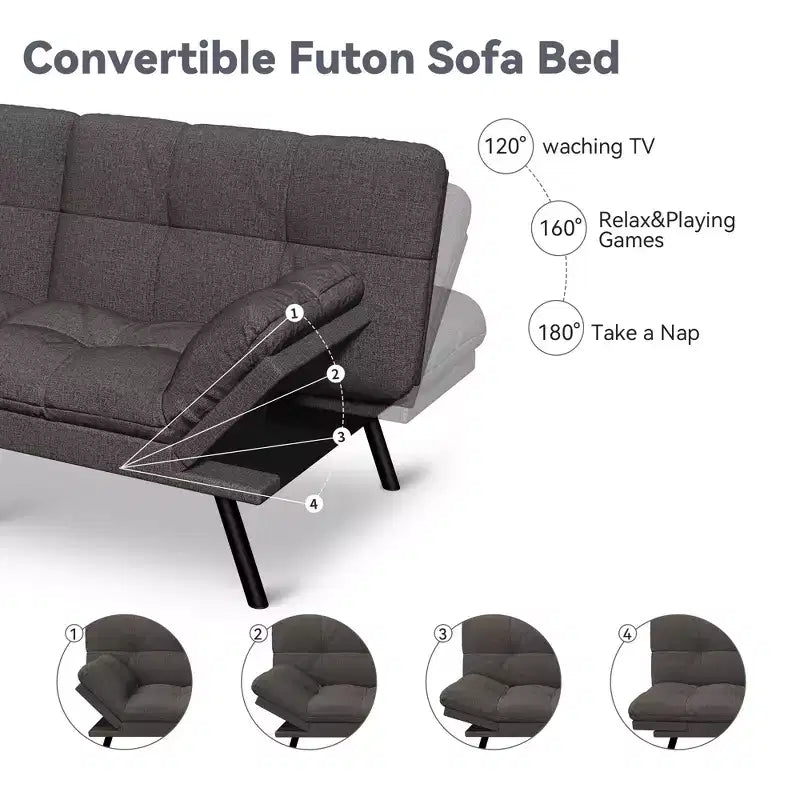 Canapé Futon Convertible 71", Canapé Moderne en Lin avec Coussin Détachable, Dossier et Accoudoirs Réglables, Supporte 272 kg