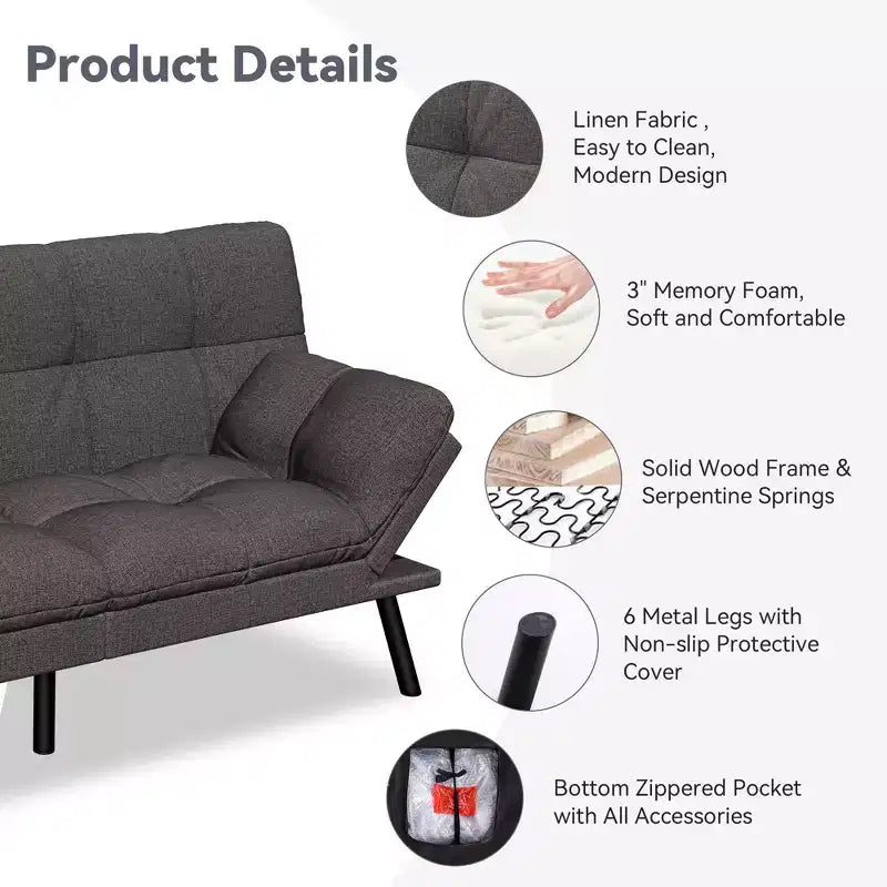 Canapé Futon Convertible 71", Canapé Moderne en Lin avec Coussin Détachable, Dossier et Accoudoirs Réglables, Supporte 272 kg