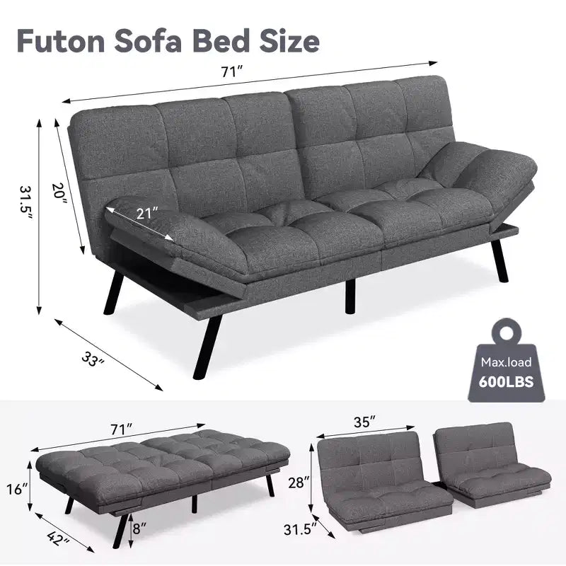 Canapé Futon Convertible 71", Canapé Moderne en Lin avec Coussin Détachable, Dossier et Accoudoirs Réglables, Supporte 272 kg