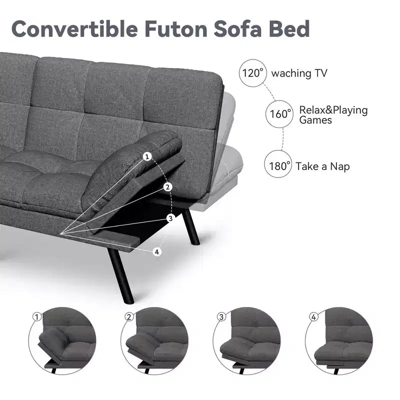 Canapé Futon Convertible 71", Canapé Moderne en Lin avec Coussin Détachable, Dossier et Accoudoirs Réglables, Supporte 272 kg