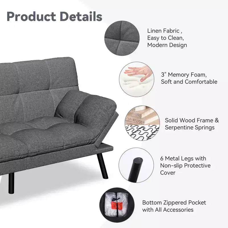 Canapé Futon Convertible 71", Canapé Moderne en Lin avec Coussin Détachable, Dossier et Accoudoirs Réglables, Supporte 272 kg