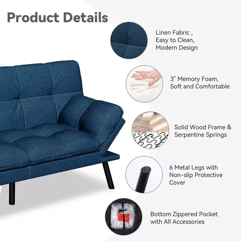 Canapé Futon Convertible 71", Canapé Moderne en Lin avec Coussin Détachable, Dossier et Accoudoirs Réglables, Supporte 272 kg
