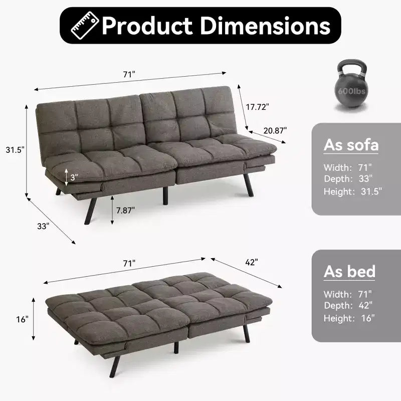 Canapé Futon Convertible 71", Canapé Moderne en Lin avec Coussin Détachable, Dossier et Accoudoirs Réglables, Supporte 272 kg
