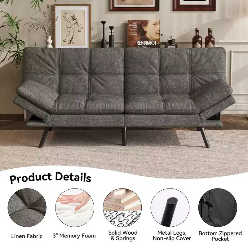Canapé Futon Convertible 71", Canapé Moderne en Lin avec Coussin Détachable, Dossier et Accoudoirs Réglables, Supporte 272 kg
