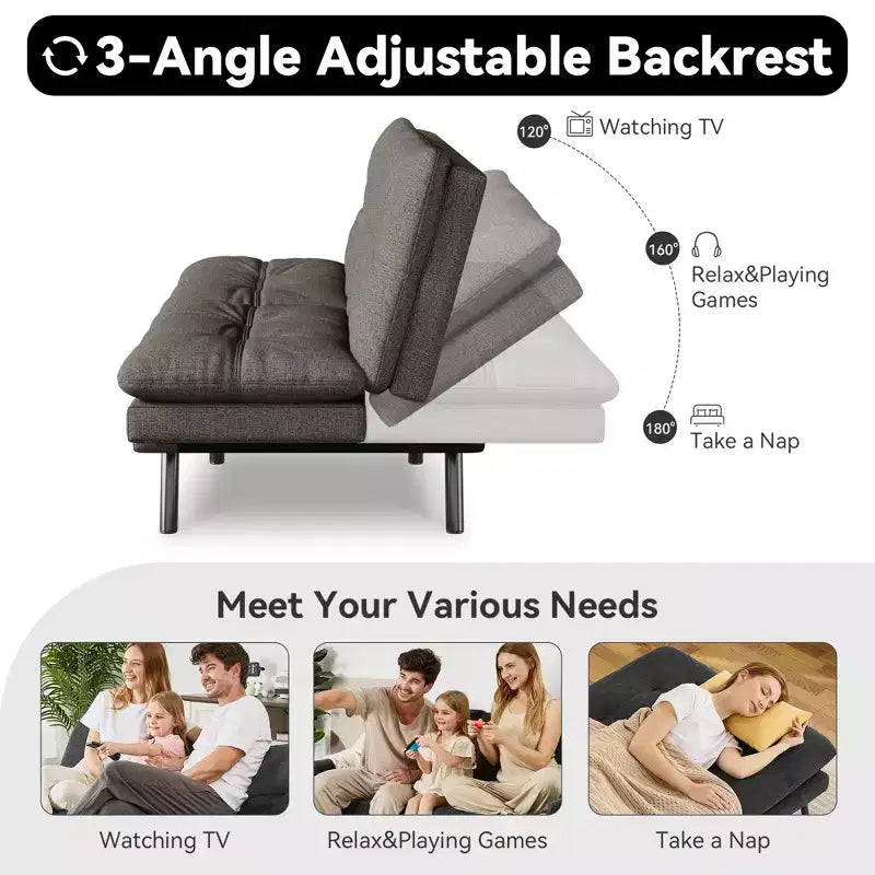 Canapé Futon Convertible 71", Canapé Moderne en Lin avec Coussin Détachable, Dossier et Accoudoirs Réglables, Supporte 272 kg