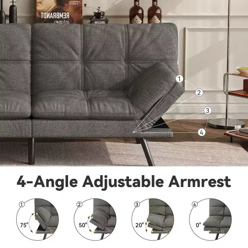 Canapé Futon Convertible 71", Canapé Moderne en Lin avec Coussin Détachable, Dossier et Accoudoirs Réglables, Supporte 272 kg