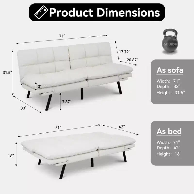 Canapé Futon Convertible 71", Canapé Moderne en Lin avec Coussin Détachable, Dossier et Accoudoirs Réglables, Supporte 272 kg
